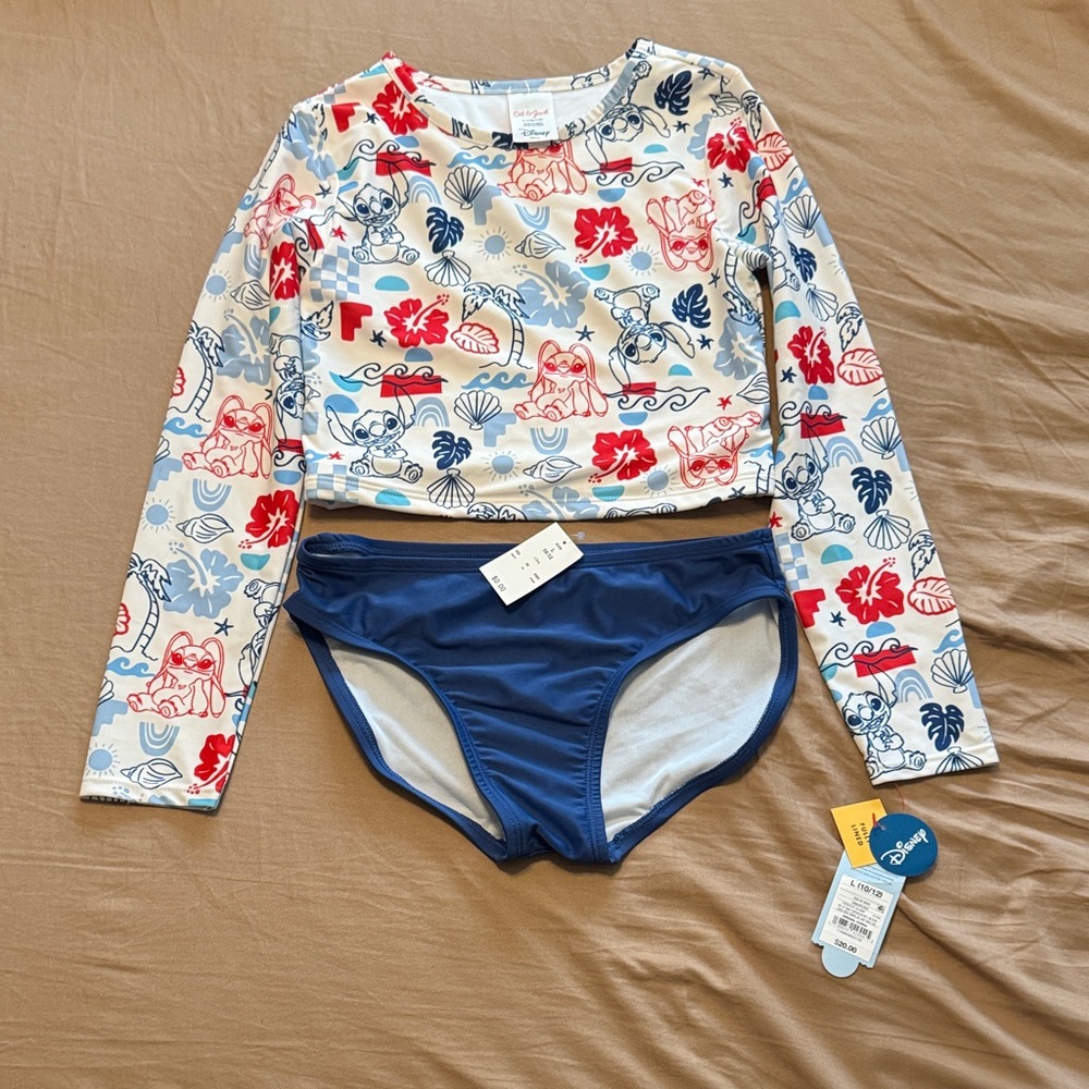 Disney Cat & Jack Swimsuit - Stitch & Angel Red White & Blue - Size L 10/12 NWT